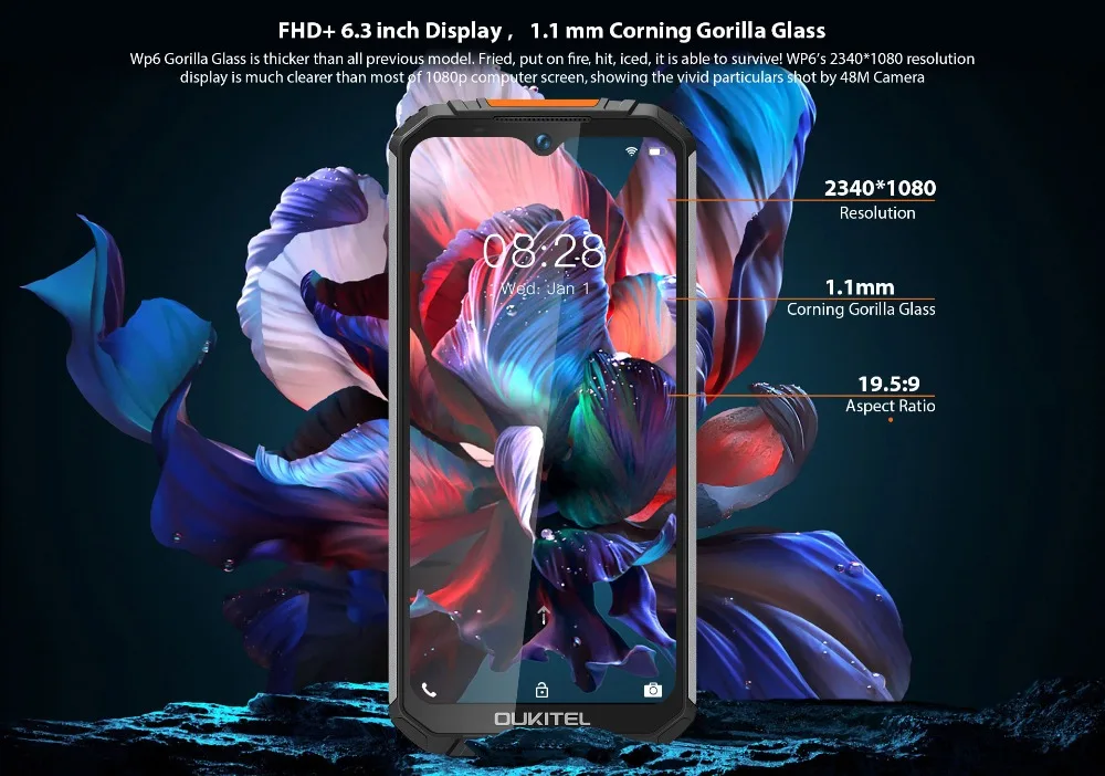 OUKITEL WP6 6GB+128GB IP68 Waterproof 10000mAh Smartphone 6.3'' FHD+ 48MP Triple Camera Octa Core Rugged Mobile Phone good cell phone for gaming