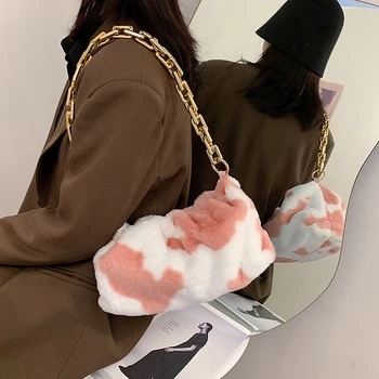 

Cow Pattern Soft Faux Fur Small Shoulder Bags for Women 2020 Winter Branded Trending Chain Handbags Trending Hand Bag
