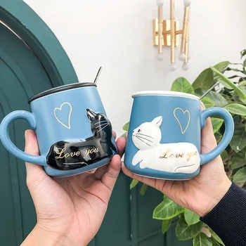 

3D Relief Cat Ceramic Cup with Lid Spoon Water Cup Cartoon Artistic Hipster Men and Women Students Couple Cup