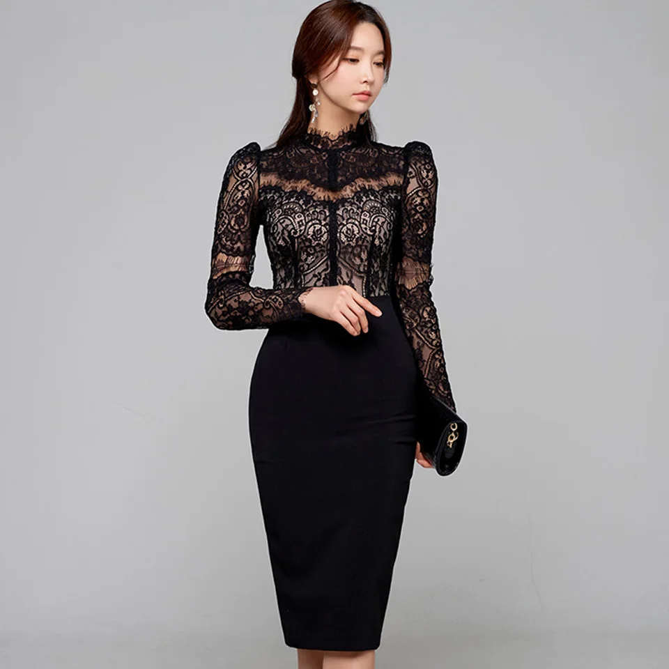Elegant Party Dress 2024 Spring White Black High Waist Tight Stitching Sexy Lace Stand Collar Long Sleeves Office Lady Dress
