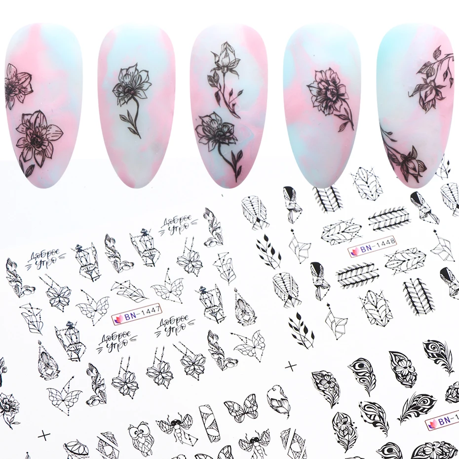 12 Designs Black Flower Water Transfer Stickers Leaves Nail Art Gradient Sliders Decals Colorful Wraps Manicure LYBN1441-1452 | Красота и