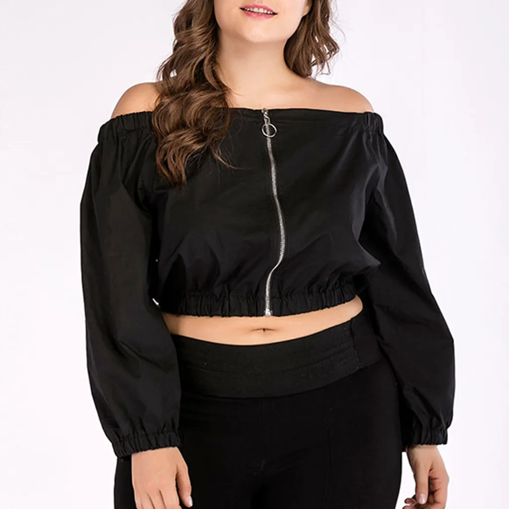 

2019 Women Tops Plus Size Casual Zipper Ladies Long Sleeve Slash-Neck Top Blouse 8.19