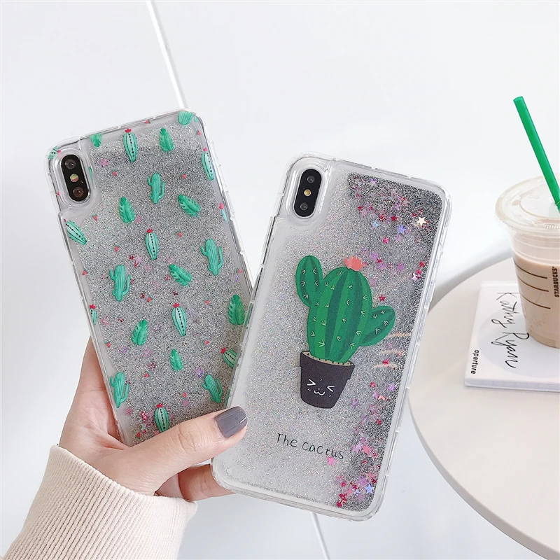 Small fresh cactus creative liquid quicksand mobile phone case for iphone6 6s 7 8 PLUS X XR XS MAX anti-drop transparent shell |