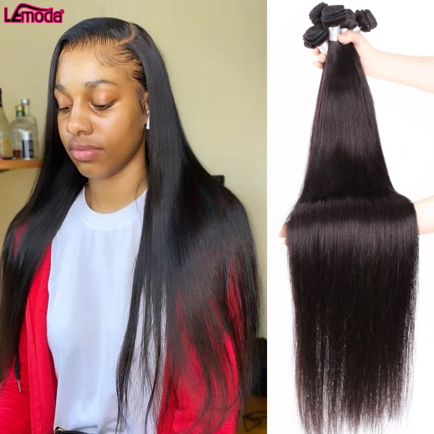 Recto extensiones de cabello humano brasileño hueso recto paquetes de pelo Lemoda Remy 28 30 pulgadas tejido de cabello extensiones 1 3 4 paquetes