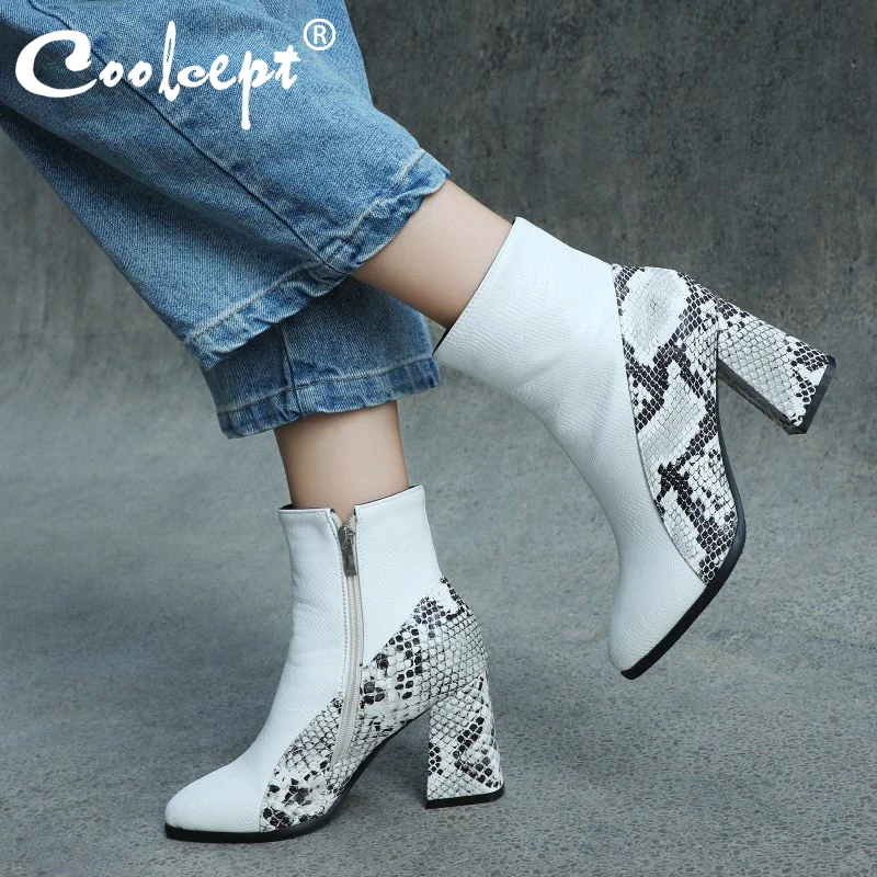 Coolcept Women Ankle Winter Thermal Boots Rough Heel Zipper Short Plush Shoes Snakeskin Pointed Toe Size 32-43 | Обувь