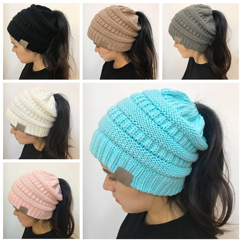 

Solid Color Horsetail Hat Autumn Winter Warm Rear Opening Tail Knitting Beanie Wool Earmuffs Charming Women Beanie Outdoor Cap
