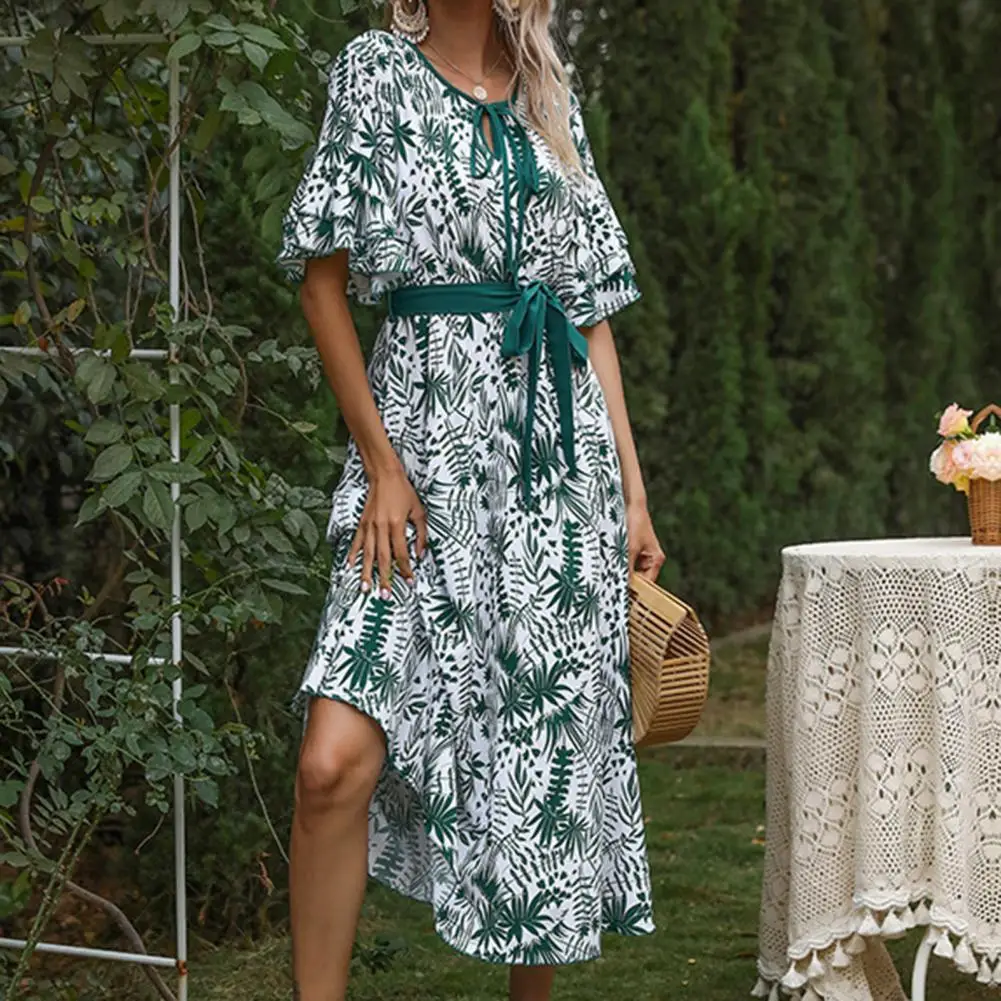 

Женское платье средней длины с оборками, универсальное летнее платье с принтом растений и листьев, тонкое платье с V-образным вырезом и широким подолом на шнуровке, уличная одежда