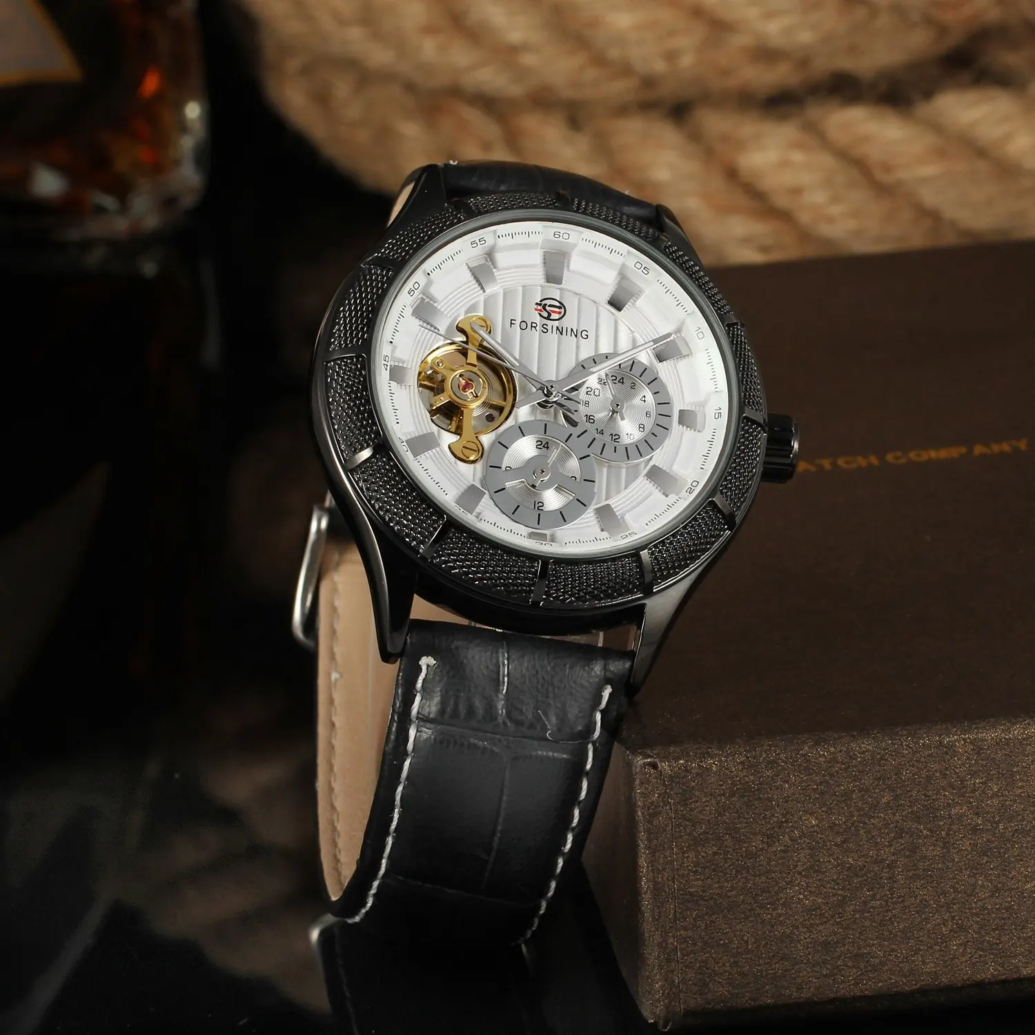 Forsining маховик Moon Phase многофункциональные полностью автоматические Аналоговые часы Мужские часы с кожаным ремешком наручные часы