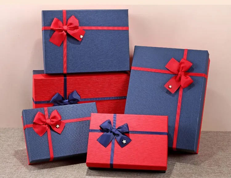 

New Fashion Christmas Blue Red Rectangular Gift Box Bow Box Creative Simple Gift Box Carton Cosmetics Gift Box Party Supplies