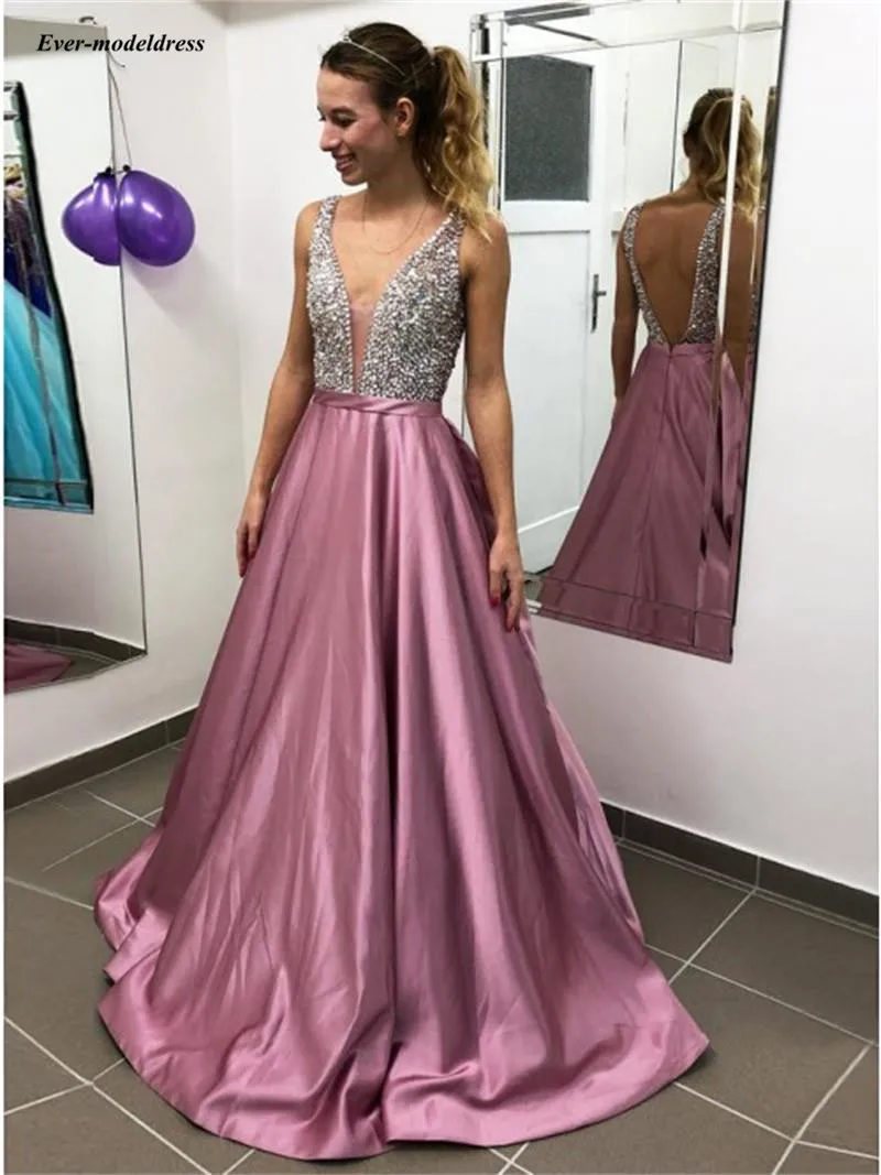 

Sparkly 2019 Sheer V-Neck Prom Dresses Long Beaded Sequins Backless A-Line Girls Graduation Party Gowns Custom Made Robes Gala