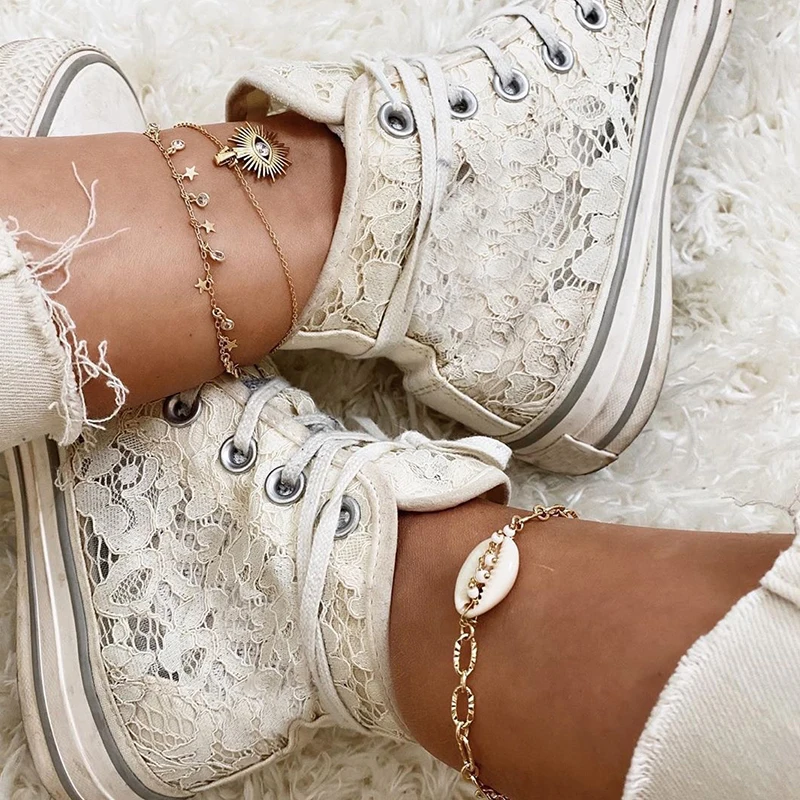 3 Pcs/Set Retro Women Anklets Eyes Sun Flower Shell Beads Stars Crystal Tassel Pendant Gold Anklet Barefoot Beach Party Jewelry | Украшения