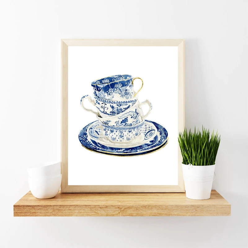 Vintage-Tea-Cups-Watercolor-Art-Prints-Blue-White-Willow-Tea-Cup-China-Art-Canvas-Painting-Wall (1)