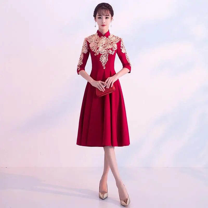 Бургундские вечерние женские платья Cheongsam в китайском стиле, элегантные длинные платья с воротником-стойкой, Vestido XS-XXXL - Цвет: Бургундия