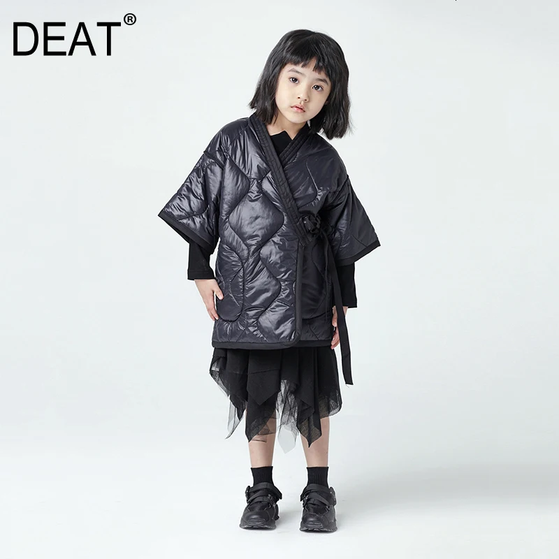 

[DEAT] Loose Fit Bandage Black Warm Woolen Coat Parkas New Hooded Long Sleeve Child Fashion Tide Autumn Winter 2020 19L-a218