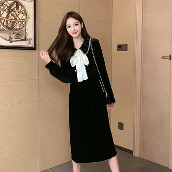 

COIGARSAM French Style Full Sleeve Women dress New Vintage High Waist Dresses Black 3010