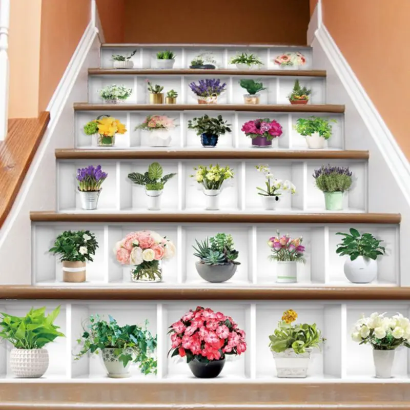 

6pcs/set 3D Potted Plant Staircase Stair Riser Green Plant Floor Sticker Self Adhesive DIY Stairway Waterproof PVC Wall Decal