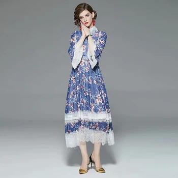 

High Quality Spring 2020 New Women'S Fashion Party Casual Vintage Elegant Chic Flower Print Lace Chiffon Stitching Midi Dress