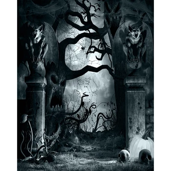 

Photography Backdrop Gloomy Cemetery Pumpkin Halloween Scary Night Spider Web Bat Ghost Skull Backgrounds Photo studio props