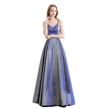 

A Line V Neck Spaghetti Strap Prom Dresses Sleeveless Floor To Length Blue Glitter Sparkly Backless Cocktail Gowns Graduation