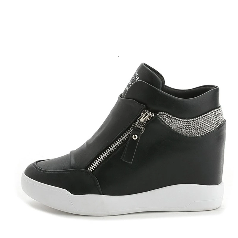 

Zipper Women Boots Wedges Hide Heels Rhinestone Leather Boots Platform Shoes High Top Ankle Boots Double Zips Ladies Shoes