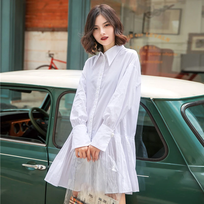 

[EWQ] 2019 Spring Autumn New Pattern Lapel Long Sleeve White Patchwork Single Breasted Vintage Shirt Dress Women AH26500