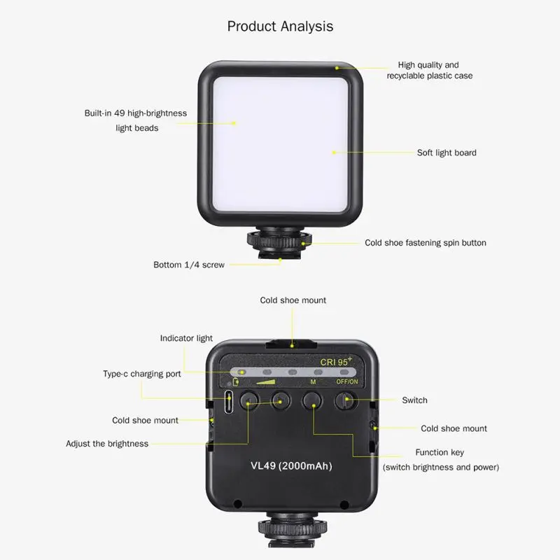 Upgraded Photographic Lighting 5500K soft light board 2000mAh 49 LED Video Photography Lights 14 Screw (9)
