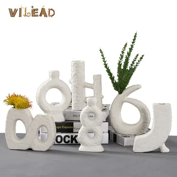 

VILEAD 6 Styles Ceramic White Vase INS Abstract Geometric Dried Flowers and Vase for Flowers Hotel Tea House Decoration Home