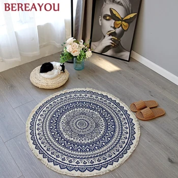 

Round Rugs and Carpet Cotton Linen Hand Weave Rugs For Living Room Bedroom Decor Tassels Tapete Floor Door Mat Coffee Table Sofa