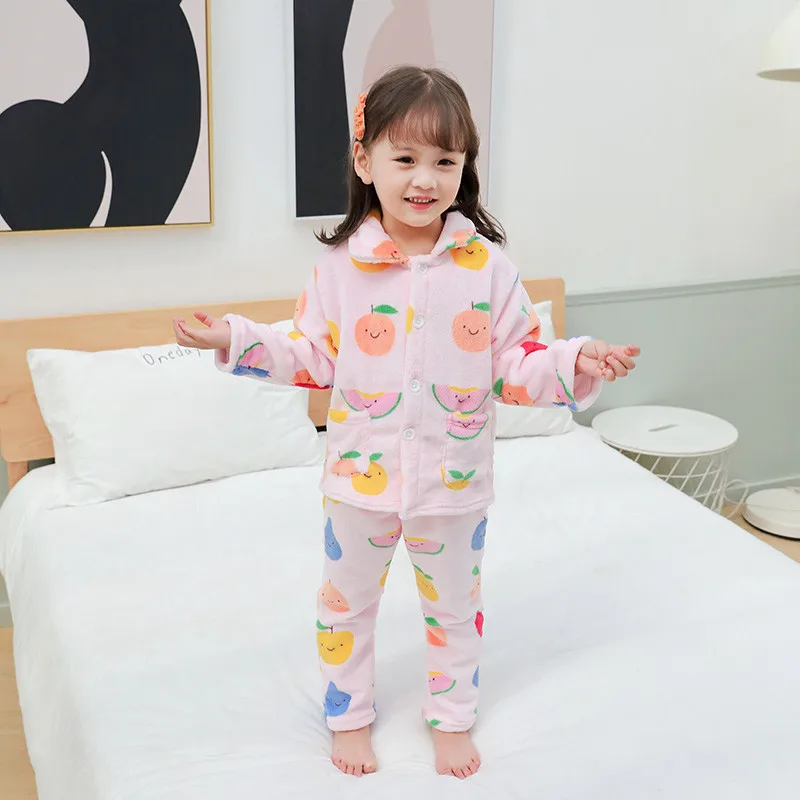 Зимние фланелевые детские пижамные комплекты; детская теплая одежда для сна; принты животных из мультфильмов; одежда для сна для маленьких девочек и мальчиков; детские пижамы для девочек - Цвет: shuiguo pink