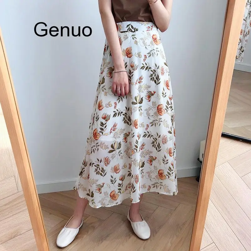 

Women Midi Skirt 2020 Spring Summer High Waist Chiffon Casual Floral Print Female Skirts Maxi Beach Tutu Skirt Femme