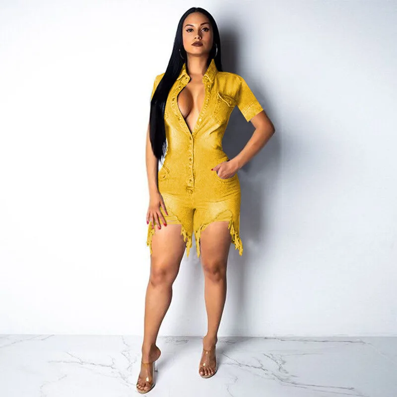

Summer New Fashion Casual Romper Pocket Solid High Quality Tight Sexy Hole Tassel Denim Bodycon Irregular Short Jumpsuit