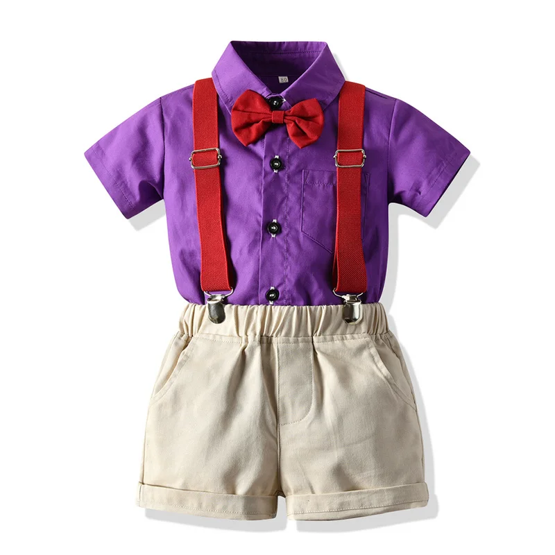 

Top and Top Fashion Summer Baby Boy Gentleman Clothing Set Short Sleeve Bowtie Shirt Tops+Suspender Shorts Casual Outfits Bebes