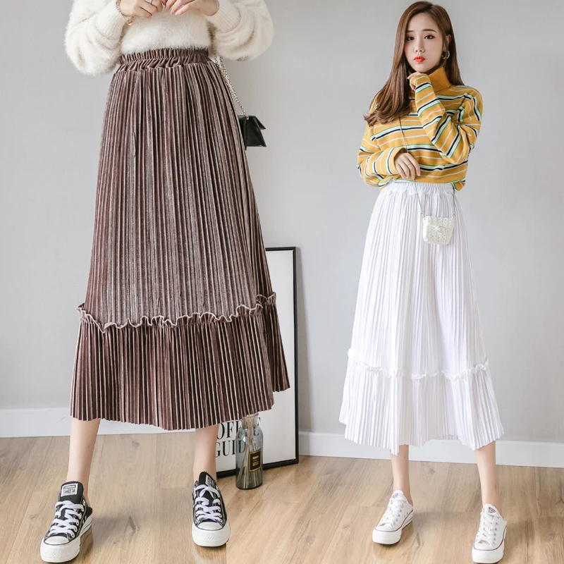 Винтажная бархатная юбка женская мода осень зима Корейская трапециевидная высокая талия миди Длинная женская плиссированная юбка