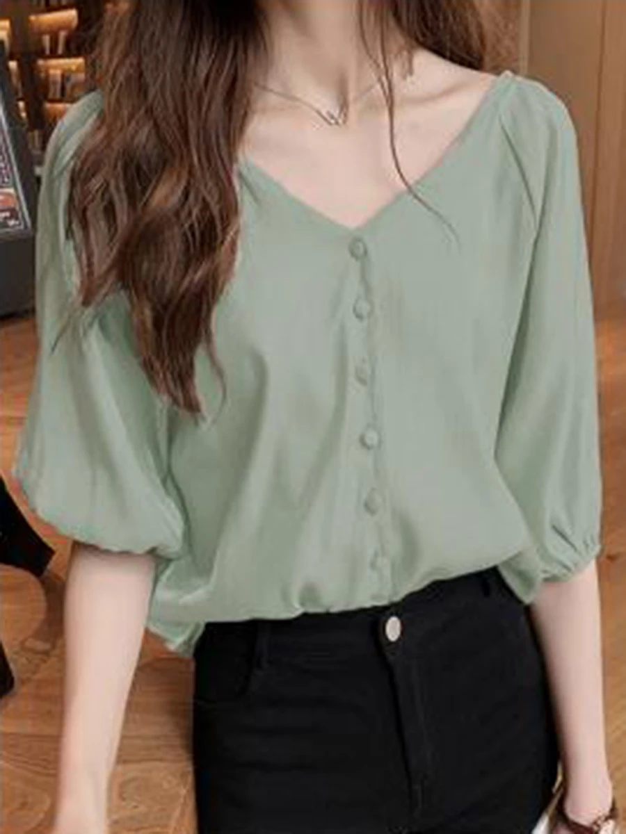 Summer Office Ladies Korean Vintage Simple Chiffon Women Blouses Sexy Loose Button Lantern Sleeve Elegant Female Fashion Shirts | Женская
