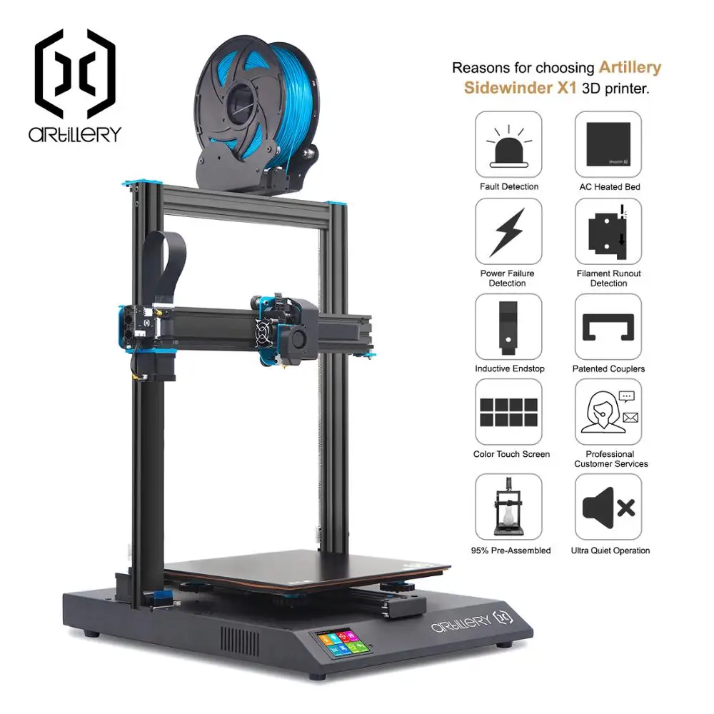 Koop Artillerie Sidewinder X1 3D Printer SW X1 Desktop Niveau Imprimante 3d Pro 300*300*400 Mm Grootte Ondersteuning Usb en Tf Card Touch Screen