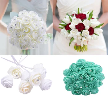 

10pcs 5cm White Foam Rose With Rhinestone Artificial Diamond Flowers Bridal Bouquet DIY Garden Home Wedding Decorative Fleurs