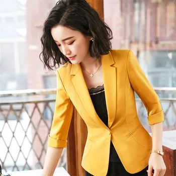 

Women Blazer 2019 Elegant one Button Office Lady Suit Plus Size Ladies slim simple Five-point sleeve Mujer femme jacket
