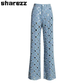 

sharezz Spring 2020 Fashion High Waist Loose hollow out Jeans Straight Denim Pants Women Long Wide Leg Jeans Women Trousers