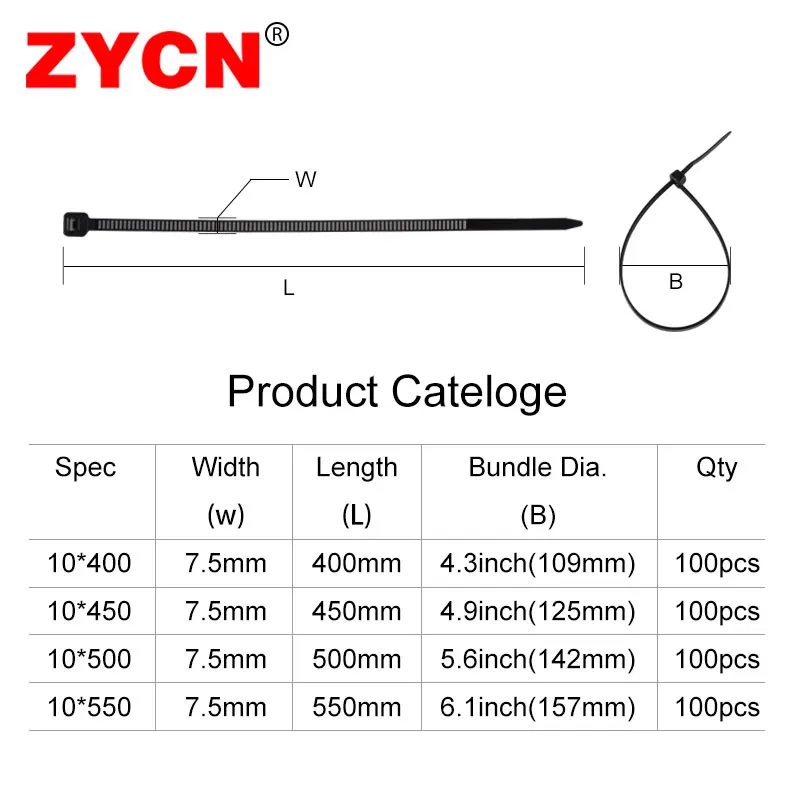 ZYCN 100 Stück 7,5 mm robuste, große, selbstsichernde Nylon-Kunststoff-Kabelbinder mit hoher Zugfestigkeit und Befestigungsgurte – Detail 5