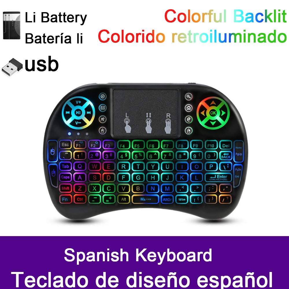 Spanish Li Battery Цветная I8 Мини испанская Беспроводная клавиатура мышь 2,4 ГГц USB клавиатура для ноутбука Smart tv Английский Русский с тачпадом - Цвет: Spanish Li Battery