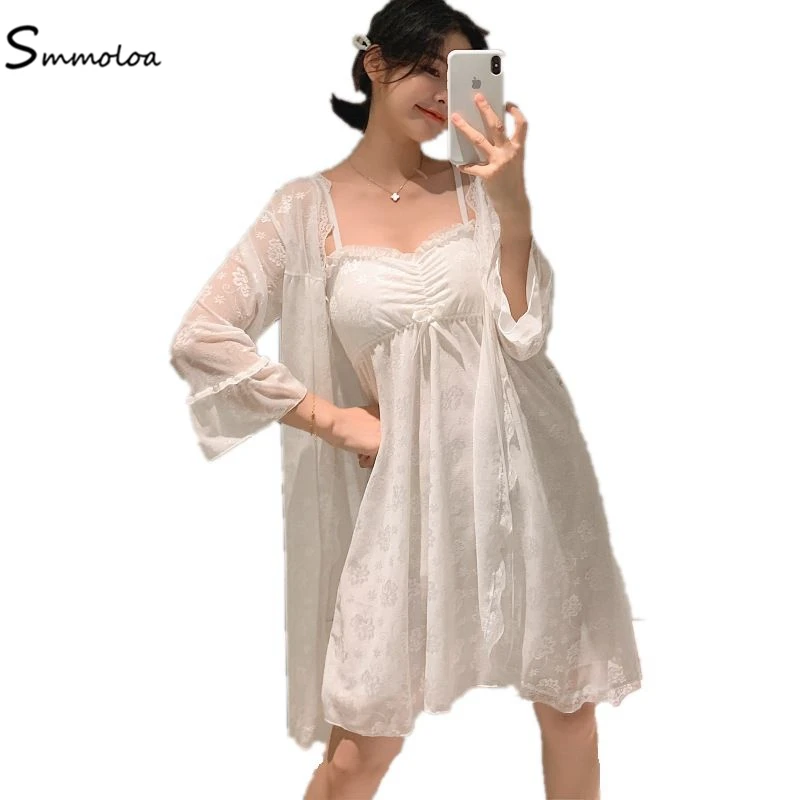 Smmoloa летний женский кружевной вечерний комплект с платьем сексуальные прозрачные сетчатые кружевные газовые пижамы