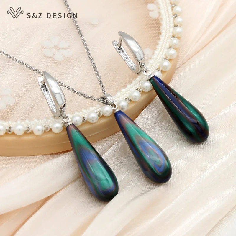 S&Z DESIGN New Fashion 585 Rose Gold Color Water Drop Dangle Earrings Christmas Jewelry Sets For Women Pendant Necklace