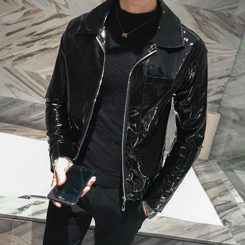 Блестящая кожаная куртка мужской сценический костюм красный черный коричневый