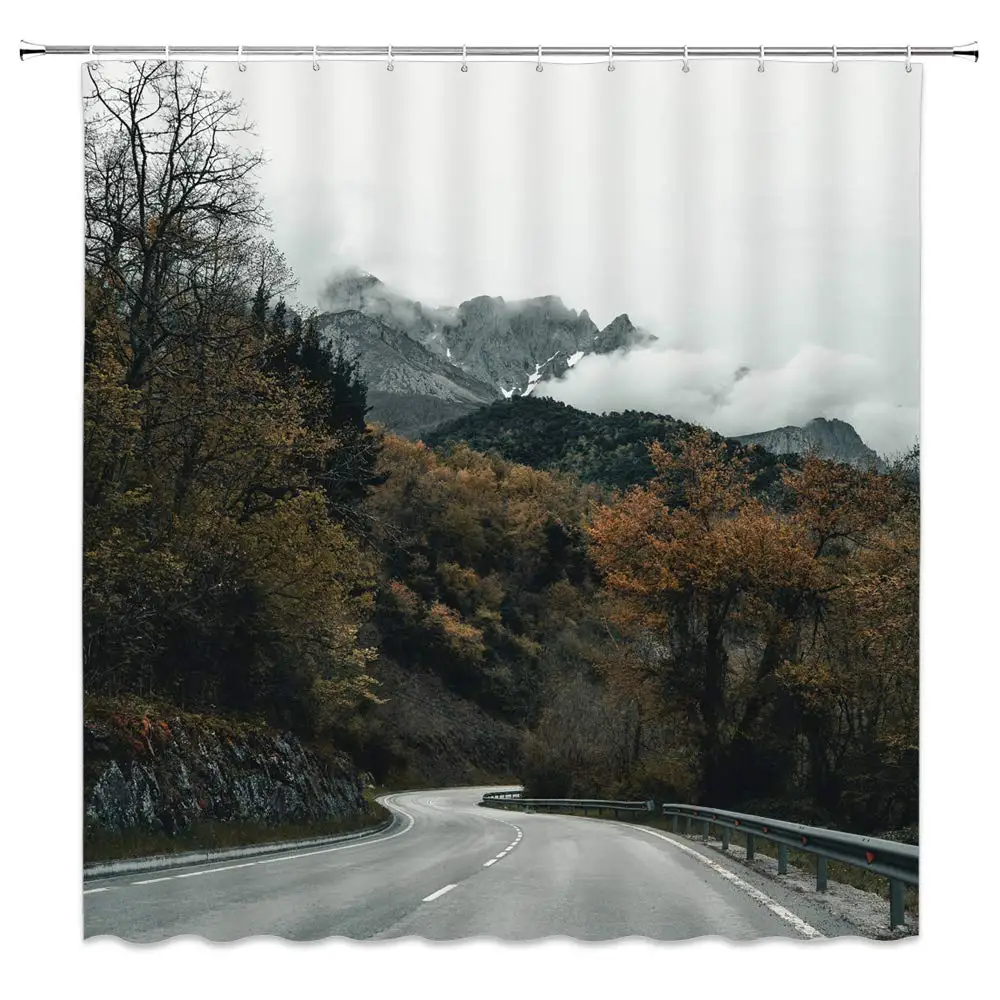 Autumn Scenery Shower Curtain Decor Road Rolling Mountain Tree Foggy Woodland Wild Forest Nature Gray Brown Fabric Bath Curtains | Дом и сад