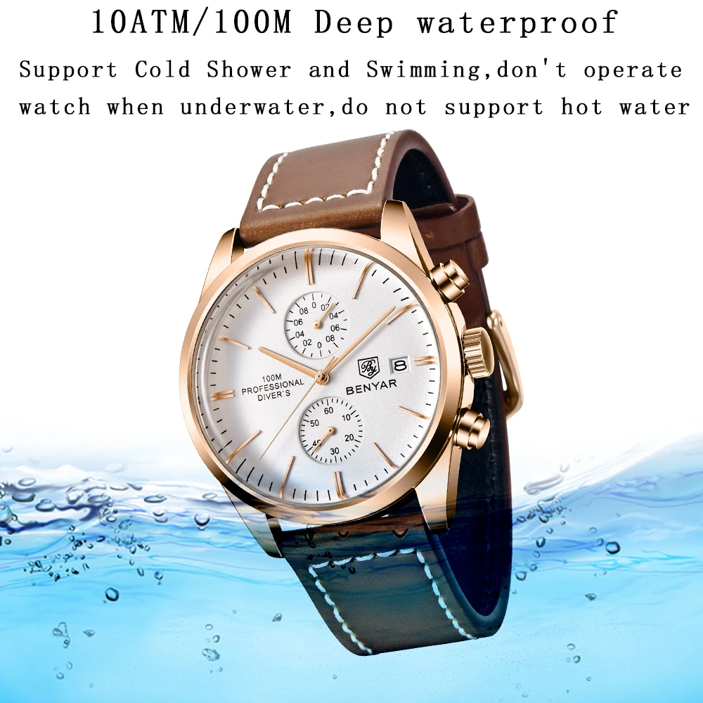 2021 BENYAR New Sports Watch for Men Top Brand Leather Waterproof Chronograph Men Military Men Quartz Wristwatches reloj hombre
