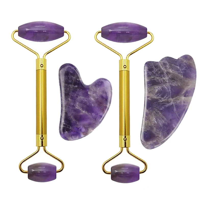 

Amethyst Jade Roller Face Massager Guasha Scraper Set Natural Stone Purple Crystal Facial Massage Roller Guasha Massage Tools