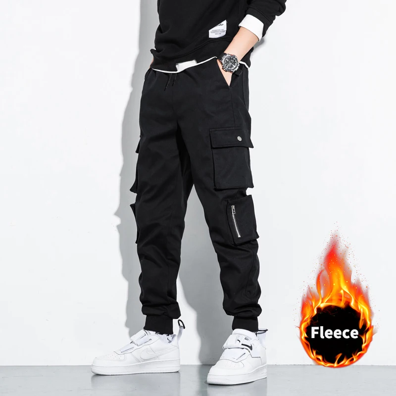 Casual Pants Cargo Fleece Men Streetwear Multi-Pockets Winter New-Fashion Warm Thick