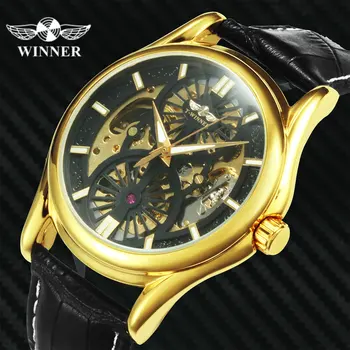 

WINNER Official 2020 Skeleton Automatic Mechanical Watch Men Golden Dial Leather Strap Business Mens Watches Top Brand Luxury