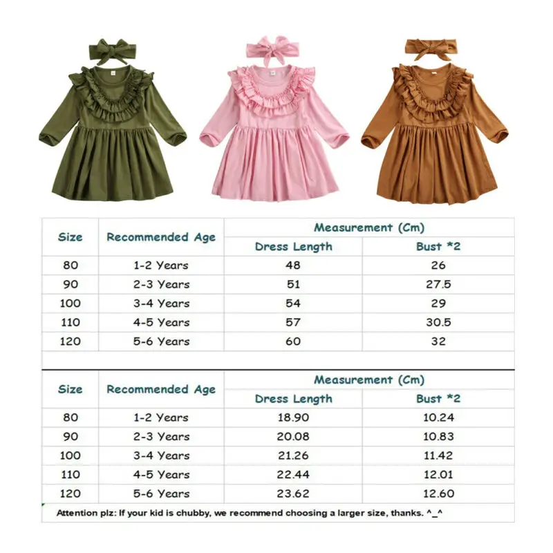 От 1 до 6 лет Платье для маленьких девочек с длинными рукавами и оборками для девочек Однотонные Вечерние Повседневные платья повязка на голову, комплекты одежды