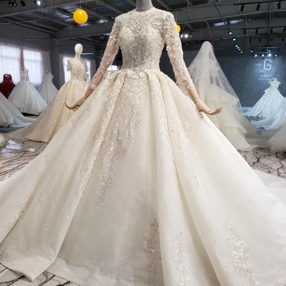 HTL1042 bridal vintage wedding dresses long train high neck full sleeve ball gown appliques boho dress vestido de noiva barato